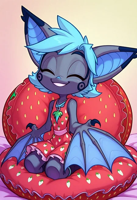 Dreamkeepers,1girl,Prelude_Vanth,solo,furry,source_furry,blue hair,wings,furry,bat wings,
child, kid,
in a strawberry-print dress sitting on a giant strawberry cushion, holding a real strawberry and smiling with her eyes closed.
Tags: 1girl, strawberry_print, cushion, strawberry, smile, happy, cute, frilly_dress, big_eyes, indoor, pastel_colors, simple_background, peaceful