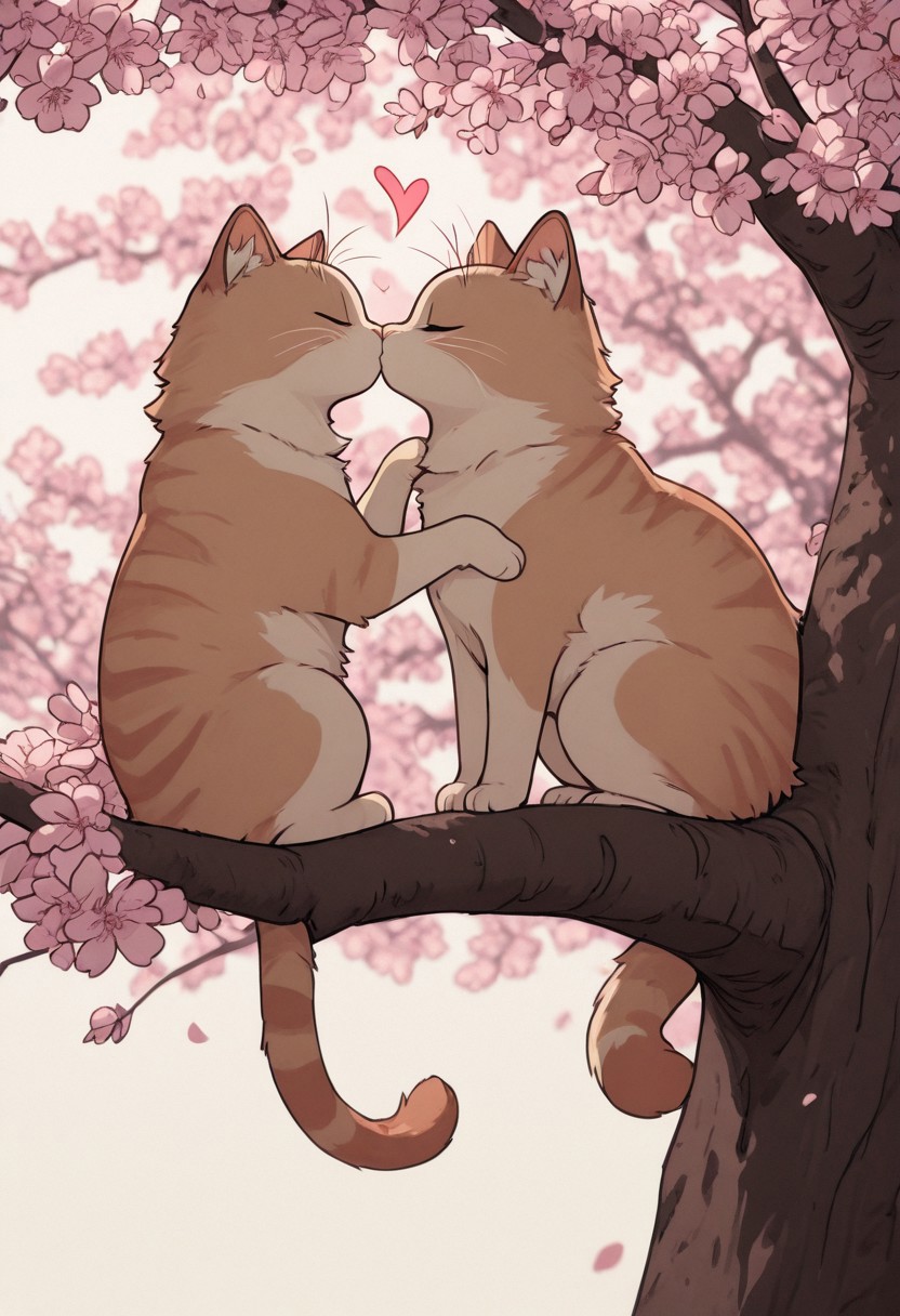gothic_glittercore, masterpiece, best quality, very awa, absurdres, two cats sitting on a tree branch, facing each other in an intimate and harmonious pose. The left cat is black, while the right cat is white, creating a striking contrast. They are surrounded by delicate, blooming branches with small flowers, adding a serene and romantic atmosphere. The background is softly blurred, focusing the viewer's attention on the cats and their interaction. The lighting is soft, emphasizing the texture of their fur and the gentle ambiance of the scene. pink heart in front of them, ((kissing cats))