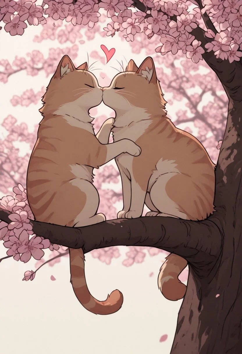 gothic_glittercore, masterpiece, best quality, very awa, absurdres, two cats sitting on a tree branch, facing each other in an intimate and harmonious pose. The left cat is black, while the right cat is white, creating a striking contrast. They are surrounded by delicate, blooming branches with small flowers, adding a serene and romantic atmosphere. The background is softly blurred, focusing the viewer's attention on the cats and their interaction. The lighting is soft, emphasizing the texture of their fur and the gentle ambiance of the scene. pink heart in front of them, ((kissing cats))