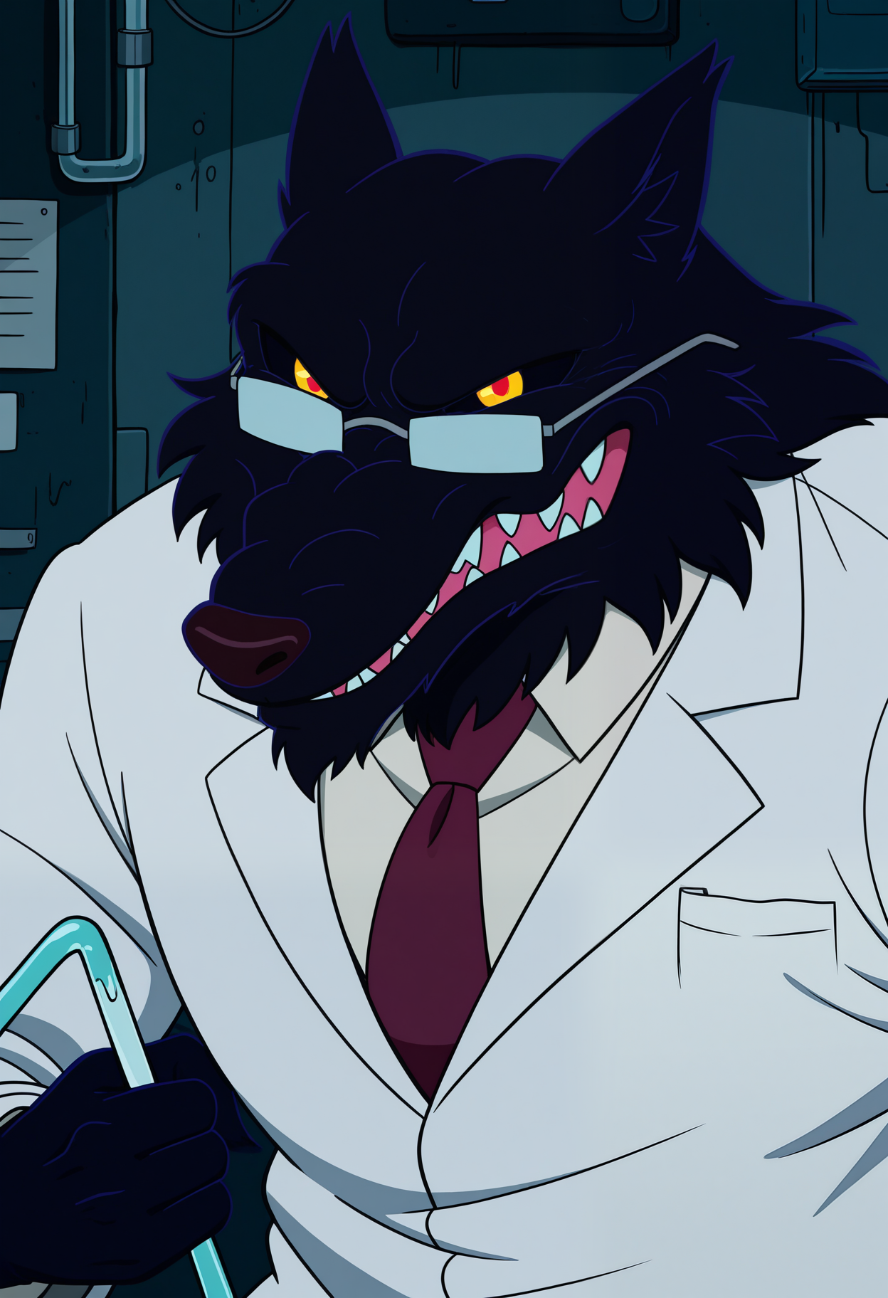 masterpiece,best quality,amazing quality, 1boy, solo, w0lv3s, wolf, black fur, colored sclera, red eyes, lab coat, collared shirt, red tie, holding opaque glasses, close up, smirk, 