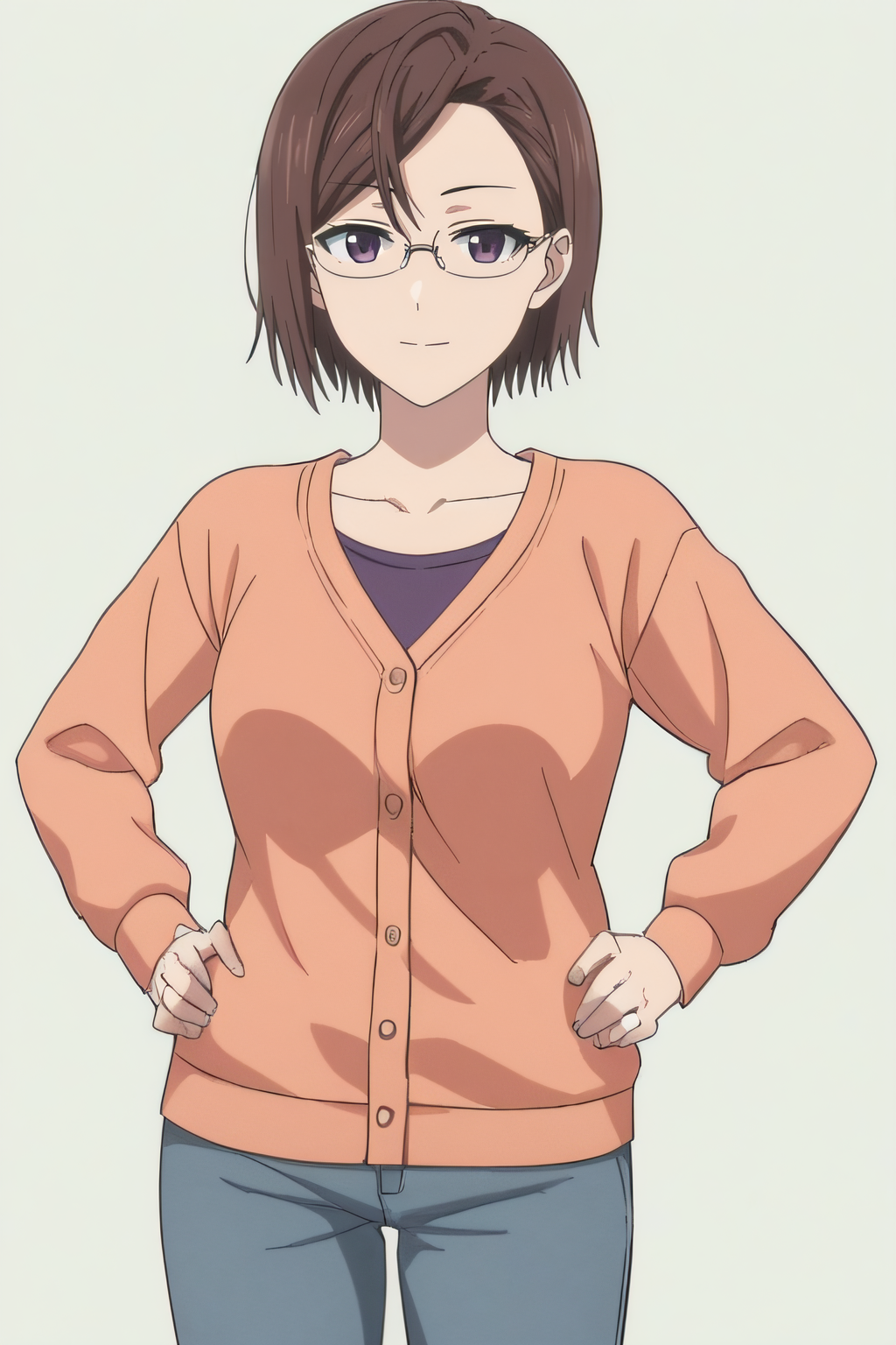 score_9, score_8_up, score_7_up, source_anime, rating_safe, intricate details, anime screencap, official style, 1girl, solo,  <lora:Haruko_Sakurai:1>, harukosakurai, short hair, brown hair, forehead, expressionless, glasses, dark purple eyes, medium breasts, collarbone, light orange cardigan, grey pants, looking at viewer, smile, cowboy shot, simple background, hands on hips, five fingers