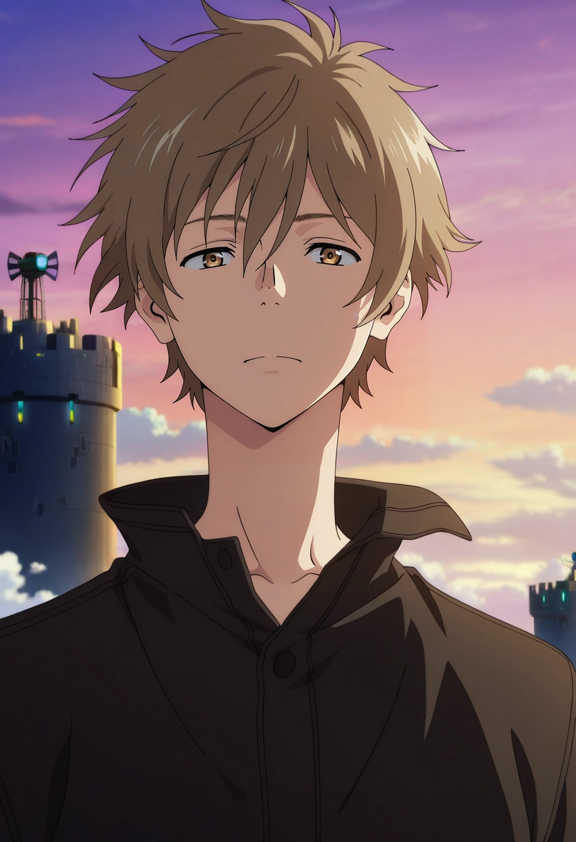 masterpiece, best quality, , anime screencap, anime coloring, official style, , 1boy, solo, male focus, <lora:shun_hashimoto_ilxl:0.98>, shun_hashimoto, brown hair, brown eyes, short hair, sky fortress, floating citadel, cloud shields, wind generators, guarding pose, resolute expression, dawn light,