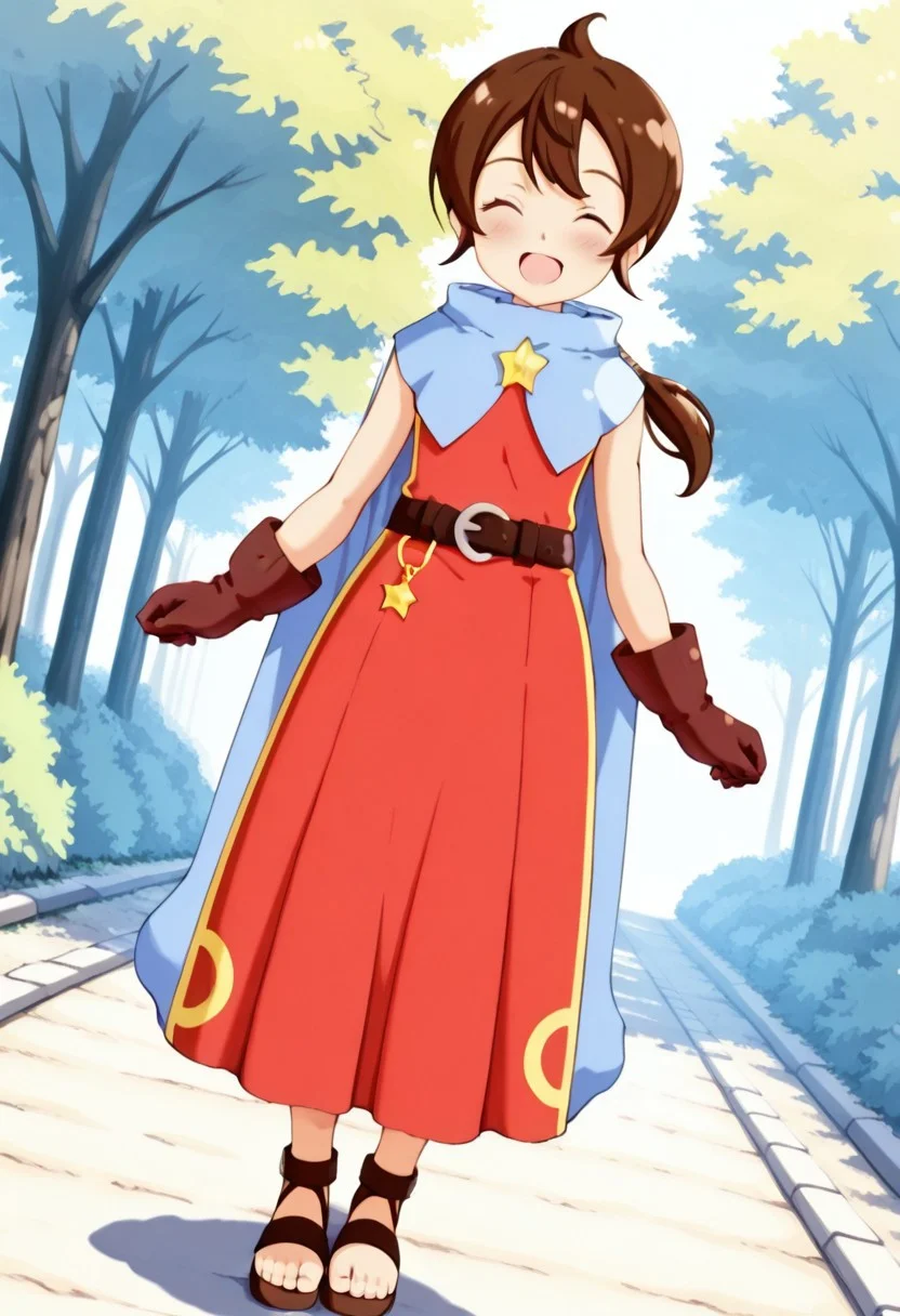 masterpiece,anime_coloring,anime_clothing,amazing_quality,Tokia_DMO, 1girl, solo,gloves, brown hair, (low ponytail), star \(symbol\), cape, sleeveless,red dress, long dress,belt, Sandals, close-up face,open mouth,blush,smile,happy,outdoor,from_side,dynamic angle,