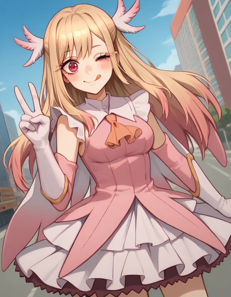 score_9, score_8_up, score_7_up, source_anime, marinkitagawa, <lora:marin-kitagawa-ponyxl-lora-nochekaiser:1>, marin kitagawa, long hair, bangs, blonde hair, red eyes, multicolored hair, medium breasts,, <lora:prisma-illya-cosplay-ponyxl-lora-nochekaiser:1>, prismaillyacosplay, prisma illya \(cosplay\), dress, elbow gloves, feather hair ornament, feathers, frilled dress, frills, gloves, hair ornament, layered gloves, magical girl, orange ascot, pink dress, pink feathers, pink gloves, pink sleeves, white gloves,, cityscape, street, smile, blush, v, v over eye, one eye closed, tongue out,, cowboy shot, dutch angle, solo,