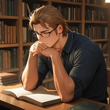 masterpiece, best quality, amazing quality, absurdres, newest, detailed background, definition so sharp, Ultra-HD, 8K cinematic, very awa, impressionate, amazing quality, highres,
solo, male focus, manly, shadow, shiny skin,
ekusoushizumu, ekusou_brunette, ekusou_orange eyes, 1boy, short hair, sideburns, stubble, library, bookshelf, reading_book, warm_glow, cozy_atmosphere, quiet, intellectual, studious, spectacles, old_books, dust_motes, peaceful_expression, sitting_pose, natural_light