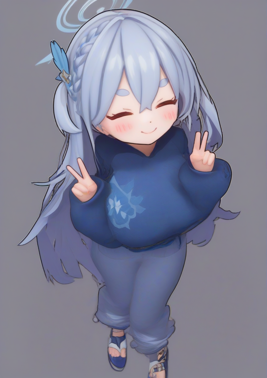 1girl, miyako (blue archive), miyako (young) (blue archive), huge breast, :d, >_<, blue footwear, blue hoodie, blush, braid, chibi, chibi only, closed eyes, double peace, facing viewer, feet out of frame, grey background, grey hair, hair between eyes, halo, hands up, hood, hood down, hoodie, long hair, long sleeves, official alternate costume, one side up, puffy long sleeves, puffy sleeves, sandals, smile, solo, thick eyebrows, peace sign, very long hair, xd,zPDXL3,3d  <lora:skyrimanime:1>
