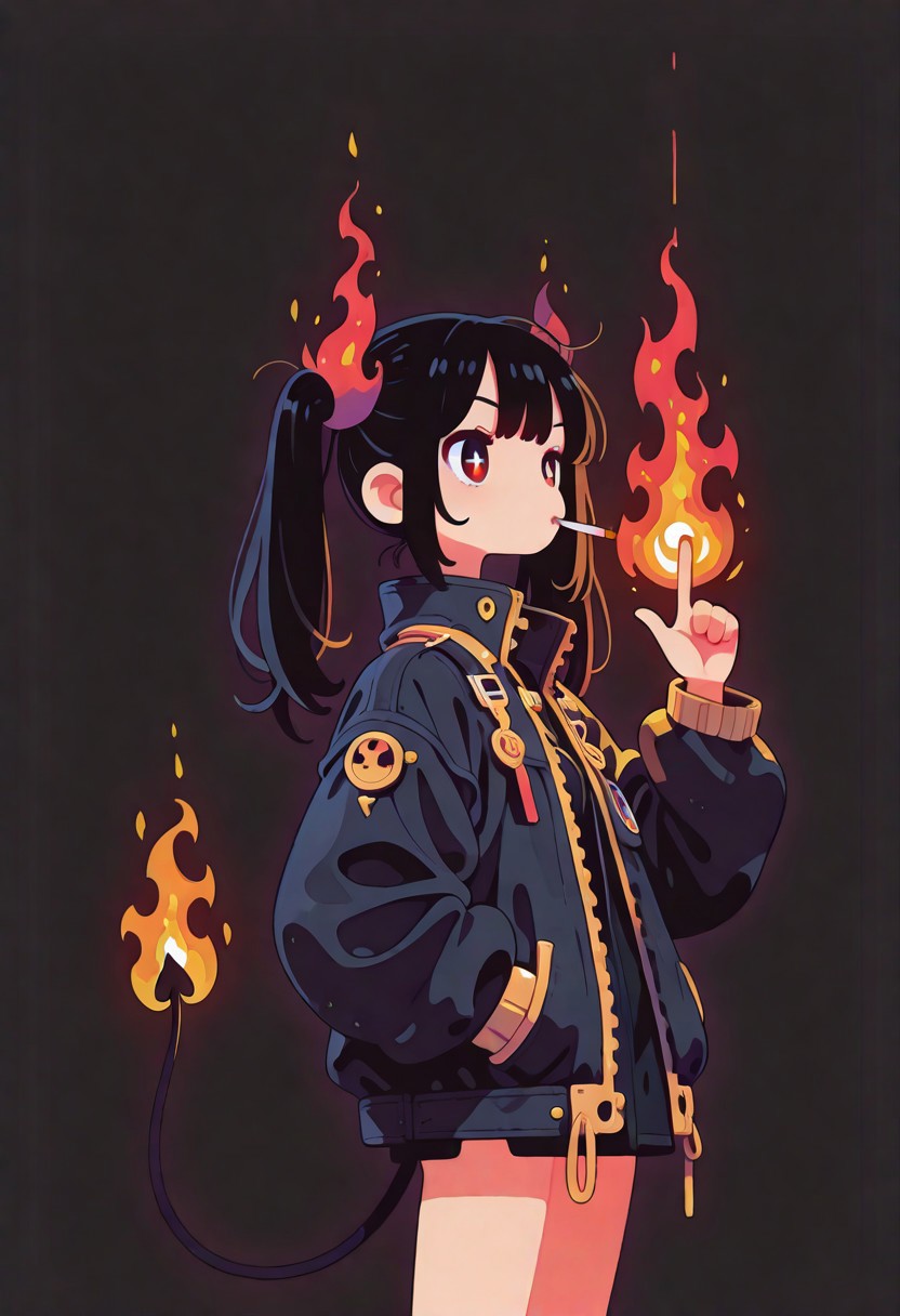1 girl , reverse gravity , finger up  , fire , flaming finger , Cigarette in mouth, jacket , twintails , long hair ,  black hair , flaming pigtail , demon tail , 
masterpiece, best quality, amazing quality ,Flatline, Flat vector illustration ,haiz_ai , no lineart,no outline, in the style of cknc,