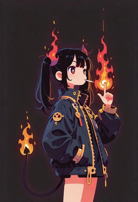 1 girl , reverse gravity , finger up  , fire , flaming finger , Cigarette in mouth, jacket , twintails , long hair ,  black hair , flaming pigtail , demon tail , 
masterpiece, best quality, amazing quality ,Flatline, Flat vector illustration ,haiz_ai , no lineart,no outline, in the style of cknc,