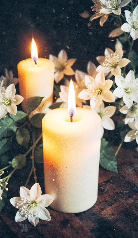 burning candlelight and white flowers tribute condolence memorial service announcement. with space for text an obituary, list of dead. Funeral concept, macro, closeup, selective focus. Dramatic unusual scene. Beauty world. Retro filter and vintage style. Instagram toning effect, breathtaking photograph, lensflare and bokeh effects, heavy film grain, shot on kodachrome with post-processing artifacts, reflecting particle effects, slight double exposure