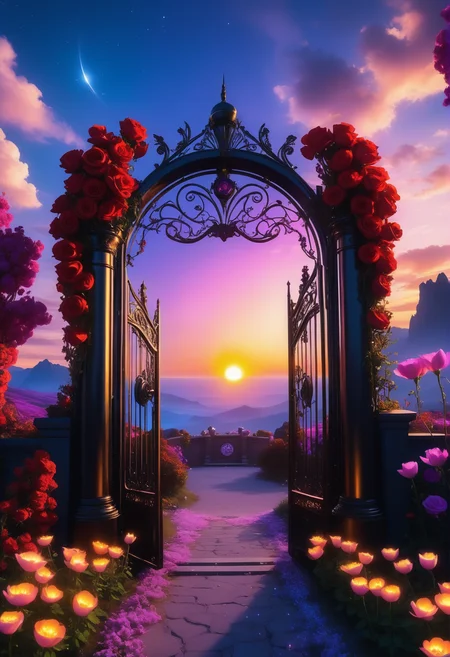 sunrise shines,landscape of a reij-ebsu gate,retro sci fi steampunk, fire <lora:ebony sunset-000001:1>, empty place, the gate surrounded by flowers is made of pam-flwr <lora:SDXL_FLOWER_STYLE:0.9>, a reij-mg outdoor room, neon light <lora:reij-moderngothic:0.8>, landscape of a (Black Mesa East:1.2) , at Blue hour, Sun Rays, futuristic, technology, beautiful, advanced cinematic perfect light, complimentary colors, enhanced quality, deep rich colors