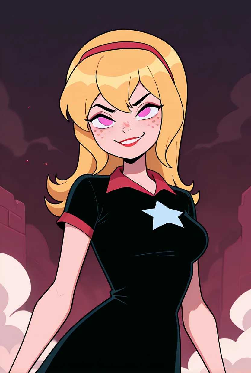 ((cartoon, screencap)), <lora:lucybig:1>, solo, lucybig, long hair, blonde hair, red hairband, pink eyes, lipstick, smile, short sleeves, star (symbol), short dress, black dress, freckles, dynamic pose, smoke background, emerging from smoke, upper body, angry,, masterpiece, best quality, amazing quality, very aesthetic, absurdres, newest,