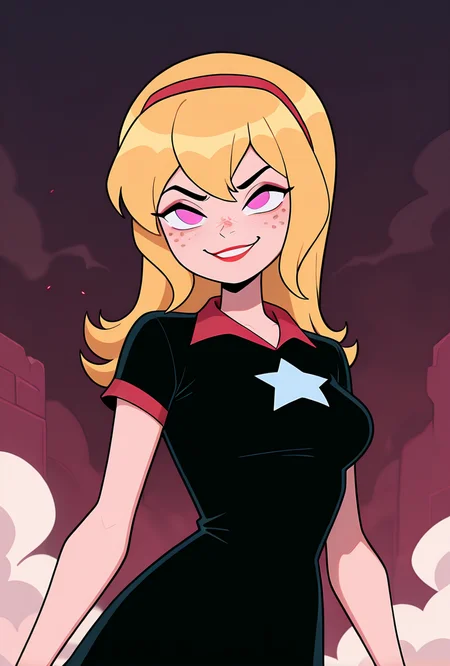 ((cartoon, screencap)), <lora:lucybig:1>, solo, lucybig, long hair, blonde hair, red hairband, pink eyes, lipstick, smile, short sleeves, star (symbol), short dress, black dress, freckles, dynamic pose, smoke background, emerging from smoke, upper body, angry,, masterpiece, best quality, amazing quality, very aesthetic, absurdres, newest,