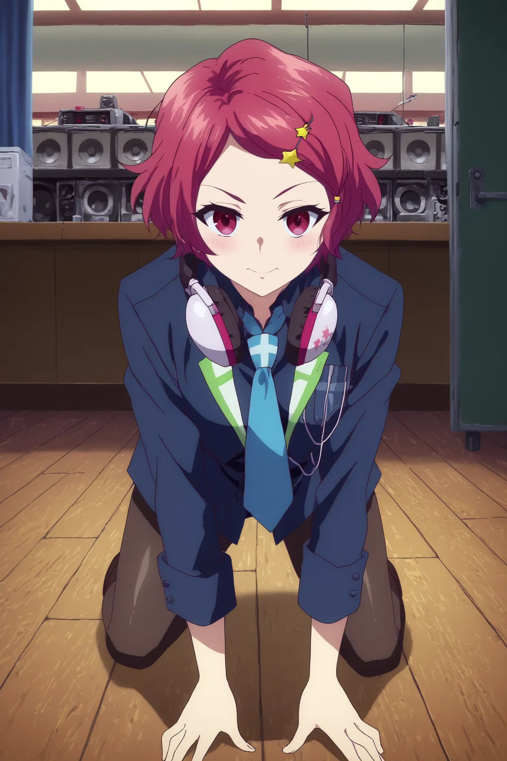 koito minase,1girl,solo,smile,headphones around neck,headphones,necktie,short hair,hair ornament,hairclip,star (symbol),star hair ornament,looking at viewer,school uniform,jacket,lowlight,low light,oily skin,shiny_skin,upper hips,smirk,smile,good_hands,pantyhose,looking at viewer,all_fours BREAK indoors,nightclub,music,lights, dancefloor, DJ, speakers,shadows,led,pink neon led <lora:Koito_Minase_-_Musaigen_no_Phantom_World.safetensors:0.8> <lora:detailed_backgrounds_v2.safetensors:0.7> <lora:lowlight.safetensors:0.7>