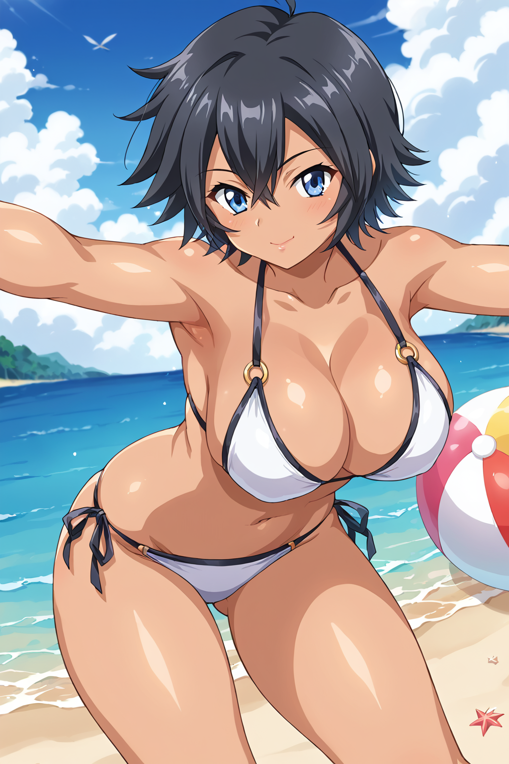 score_9, score_8_up, score_7_up, BREAK source_anime, masterpiece, anime screencap, shiny skin, thick thighs, 
1girl, solo,  ukitsu, short hair, black hair, hair between eyes, ahoge, blue eyes, large breasts, dark-skinned female, <lora:ukitsu_pony:0.8>
white bikini, beach,
