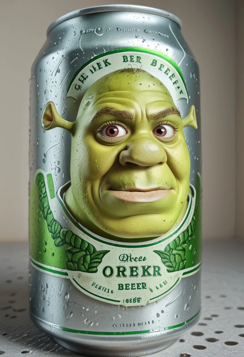 beerlabel, green beer can, (shrek, green skin, posing), solo