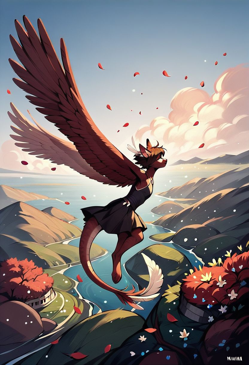 [creature name: Palagiri]
1 person, androgynous, flat chest, no breasts, anthro, short hair, ((handfeet, dexterous toes)) ((winged arms)), fully clothed, pelvic curtain skirt, feline features, feline nose, feline ears, ((tapering tail, feather tipped tail)), large wings, digitigrade legs, 
Wings spread, flying, ((hair blowing in wind, flower petals, feathers)):1.4
((Close up)), sky background, side view, rating: pg, score: 8 up, score: 9