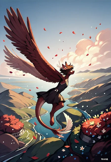 [creature name: Palagiri]
1 person, androgynous, flat chest, no breasts, anthro, short hair, ((handfeet, dexterous toes)) ((winged arms)), fully clothed, pelvic curtain skirt, feline features, feline nose, feline ears, ((tapering tail, feather tipped tail)), large wings, digitigrade legs, 
Wings spread, flying, ((hair blowing in wind, flower petals, feathers)):1.4
((Close up)), sky background, side view, rating: pg, score: 8 up, score: 9