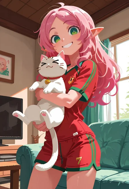 solo,
living room, holding cat, o3o, >_<, smiling, happy,
elf girl, skinny, pink hair, green eyes, red soccer jersey with green trim,
t4kar4i_illu, no_outlines, no lineart,
masterpiece, best quality, absurdres, [dynamic pose]