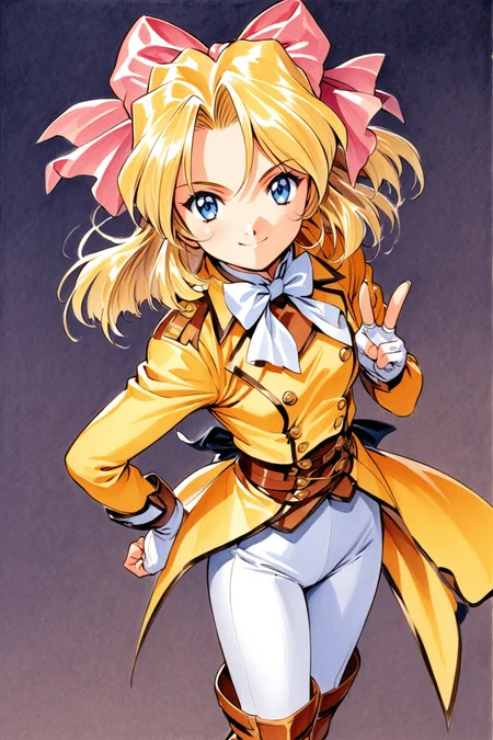 Iris Chateaubriand,1girl,female child,solo,smile,closed mouth,blonde hair,short hair,blue eyes,1990s (style),yellow tailcoat,coattails,v,white bowtie,hair bow,pink bow,back bow,white ribbon,fingerless gloves,white gloves,white pants,tight pants,boots,traditional media,<lora:Sakura Wars_XL_V2.1:0.8>,