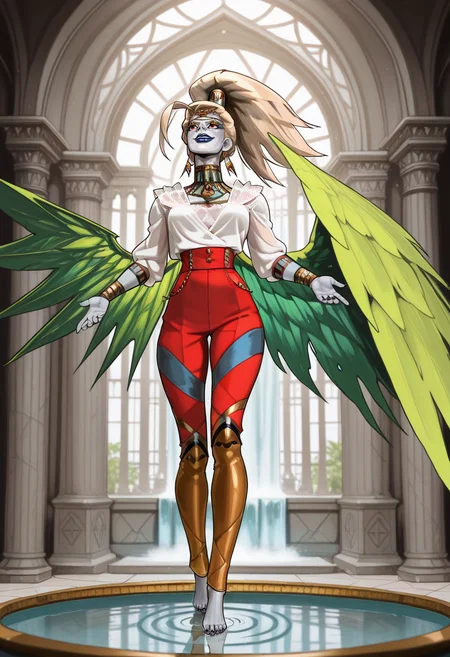 masterpiece, best quality, good quality, very awa, very aesthetic, absurdres, Alecto,  evil smile, red eyes, single green wing, barefoot,  black toenail polish, colored skin, grey skin, blue skin, blue lips,  high long ponytail, blond hair, 
,dressed in an elegant lace blouse with high-waisted trousers and pumps,Sculpt a clay figure with intricate details,looking up to,Industrial view,At the Ethereal Islands of Illusory Vistas,A cascading waterfall plunges into a crystal-clear pool below,Bhangarh Fort India,Abbaye aux Dames,Snoot Lighting, <lora:Alecto-IL:1>,