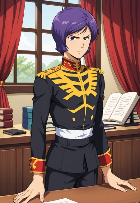 score_9, score_8_up, score_7_up, source_anime, cowboy shot, front view, BREAK, ( garma_zabi, black eyes, violet hair, best eyes, zeon uniform, serious expression, standing behind desk, ) 1boy, male focus, solo, BREAK, painting of roses in background, office, windows, curtains, book on desk,