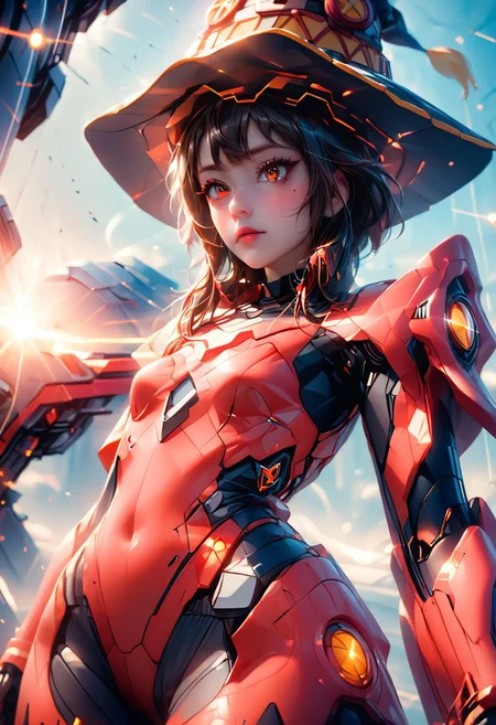 score_9, score_8_up, score_7_up, ((masterpiece)), ((best quality)), 8k, high detailed, ultra-detailed, (((anime))),toon, 1girl, perfect eyes,cinematic ,skin multicolor, lights, 
BREAK,
ultra-detailed, (((Megumin))), witch futuristic hat, 1girl, (((mecha suit red color))), mecha musume, headgear, armor,((Mecha red armor)), menpo, upper body, underboob, portrait, black red armor, colorful, (medium wide shot), (dynamic perspective), sharp focus, (depth of field, bokeh:1.3), extremely detailed eyes and face, beautiful detailed eyes, black gold, trimmed gear, 
((a massive mecha in a fierce battle with giant monsters in outer space, explosions, laser beams, debris, stars, galaxies, dark space background, dynamic action scene, bright flashes of light, intense energy, futuristic technology, epic scale, vivid colors))