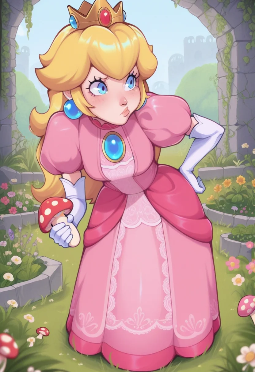 tozierstyle, masterpiece, best quality, solo, princess peach, pink dress, small blue eyes, crown, leaning forward, hand on hip, pouting, holding a mushroom, garden, grass, flora, flowers, ruins, cobble,