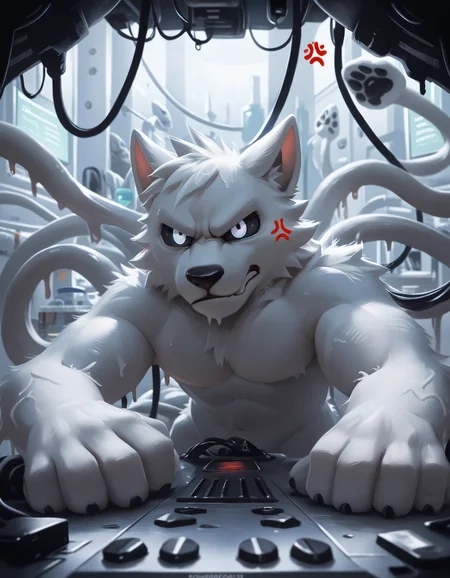 score_9, score_8_up, score_7_up, BREAK rating_safe, detailed, solo, <lora:add-detail-xl:1>, <lora:squid_dog_v1.safetensors:1.0>, anthro, furry, squid dog, changed, black sclera, white body, black pawpads, tentacles, white pupil, adult, laboratory background (pov, anger vein:1.35)