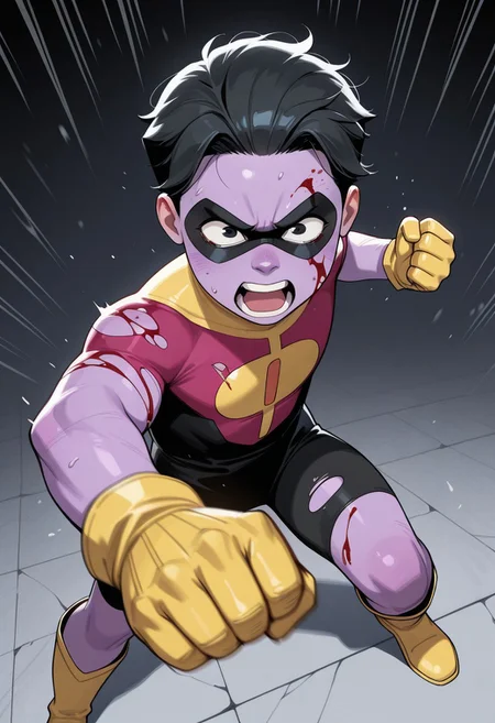 masterpiece, best quality, amazing quality, 1boy, solo, cute boy, male focus, Oliver, Black Hair, Black Eyes, Purple Skin, Colored Skin, torn Superhero Costume, Domino Mask, damaged Yellow Gloves, Yellow Boots, animated, incoming punch, action pose, dynamic pose, foreshortening, yelling furiously, dark bruises, swollen eye, covered in blood
