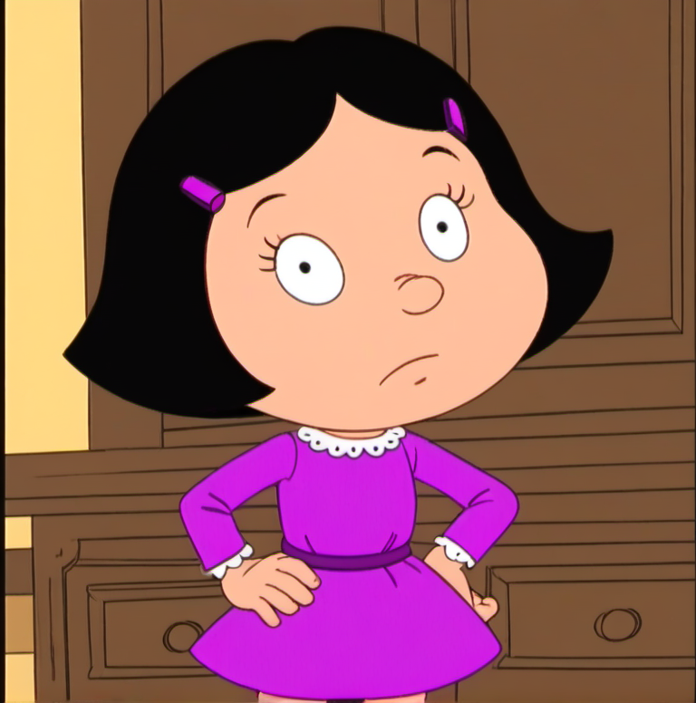1girl, solo, Prulm, black hair, dress, short hair, parody, hand on hip, looking at viewer, standing, purple dress, hair ornament, <lora:Prulm:1>,