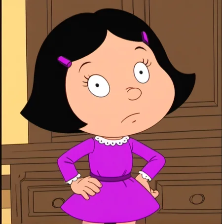 1girl, solo, Prulm, black hair, dress, short hair, parody, hand on hip, looking at viewer, standing, purple dress, hair ornament, <lora:Prulm:1>,
