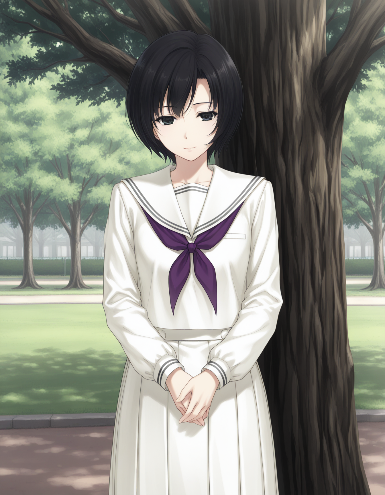 1girl, solo, tokisaka yukari, black hair, short hair, black eyes, light smile, school uniform, white serafuku, long sleeves, purple neckerchief, white skirt, long skirt, pleated skirt, standing, hands together, arms down, cowboy shot, outdoors, park, bottom of tree, <lora:tokisaka_yukari_ilxl_v1:0.7>
