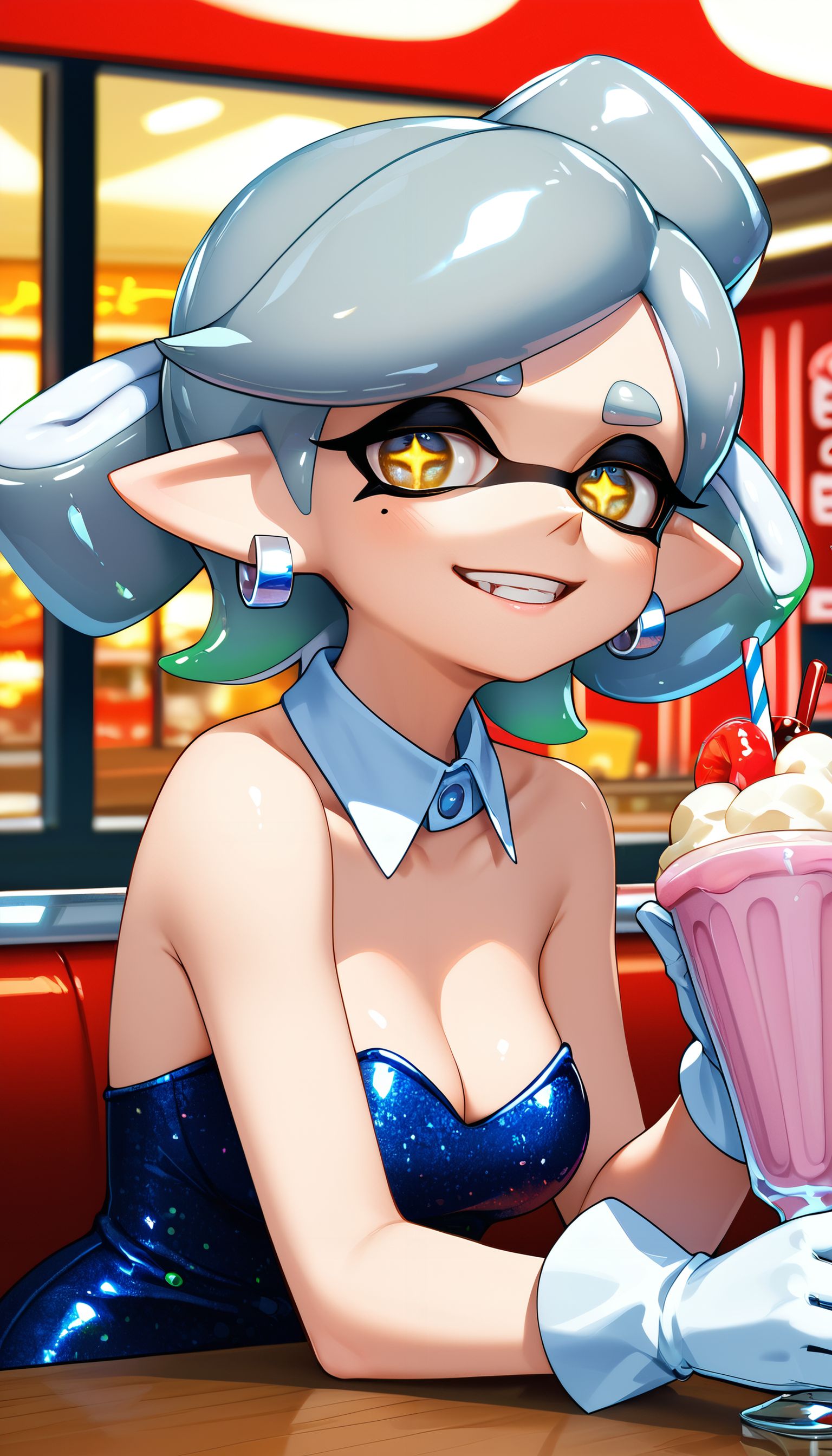 zPDXL3,  <lora:Marie_Splatoon:.8>,
imtdmariest, woman, tentacle hair, pointy ears, mode under eye, yellow eyes, symbol shaped pupils, short grey hair, earrings, medium breasts, dress, white gloves, detached collar, strapless dress, bare shoulders, looking at viewer, smiling, sitting, behind a table, upper body shot, inside diner, holding milkshake,