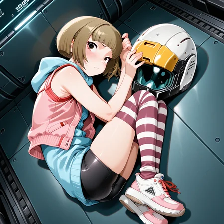 (clothed:1.3),<lora:IL_Rimia_Greenwood:1>,j_rim,Rimia Greenwood,brown eyes,brown hair,1girl,solo,sci-fi,blush,embarrassed,bob cut,blunt bangs,
blue hoodie,
pink jacket,
sleeveless,
bike shorts,
striped thighhighs,sneakers,
dutch angle,looking at viewer,helmet removed,holding helmet,looking up,upturned eyes,lying,fetal position,, masterpiece,best quality,amazing quality,uncensored