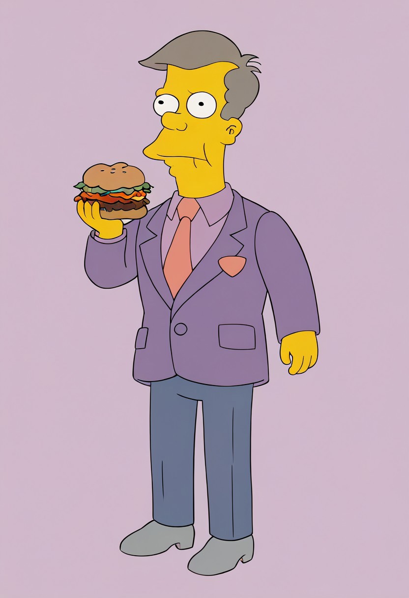 score_9, score_8, score_9, theSimpsonsstyle, solo, 1boy, ((skinner:1.5)),  \(the simpsons\)/,(ultra HD quality details), short, straight, grey hair, large nose,
suit, cerulean business suit, grey shoes, leather shoes, necktie, pink tie, shirt, lavender shirt,
chef hat, hamburger
