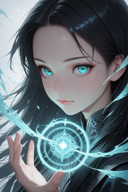 lazypos, 1girl, solo, black hair, looking at viewer, magic, long hair, closed mouth, portrait, blue eyes, glowing, hand up, aqua eyes, forehead, eyelashes, casting spell <lora:TrendCraft_The_Peoples_Style_Detailer-v2.1A-3_12_2025-JANKU:0.2>
