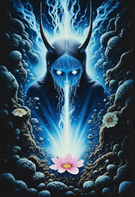 ArsMovieStill, movie still from a 1970s horror movie Studio Ghibli Dark Fairytale depicting a cursed hannya mask with horns and fangs blooming out of a blue lotus in a liminal bonsai garden with eerie radiating cyan and magenta miasma satyr
