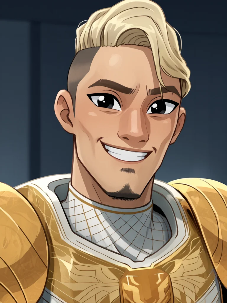 portrait of ambro_sius man, blonde hair, undercut, black eyes, golden armor, smiling <lora:Ambrosius_Goldenloin_Nimona:.9> facial hair