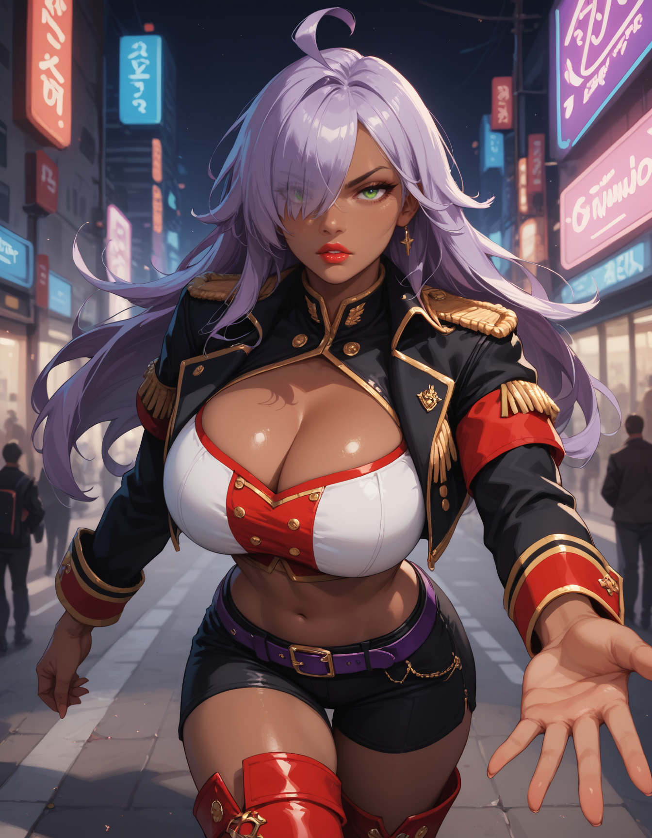 score_9, score_8_up, score_7_up, score_6_up, score_5_up, score_4_up, dark-skinned female, light purple hair, long hair, ahoge, hair over one eye, green eyes, lipstick, huge breasts, epaulettes, cleavage cutout, black jacket, cropped jacket, red crop top, midriff, purple belt, black pants, red thigh boots, dynamic pose, outstretched hand, looking at viewer, parted lips, serious, half-closed eyes, neon signs, city street, thighs, wide shot, (masterpiece, best quality, amazing quality)