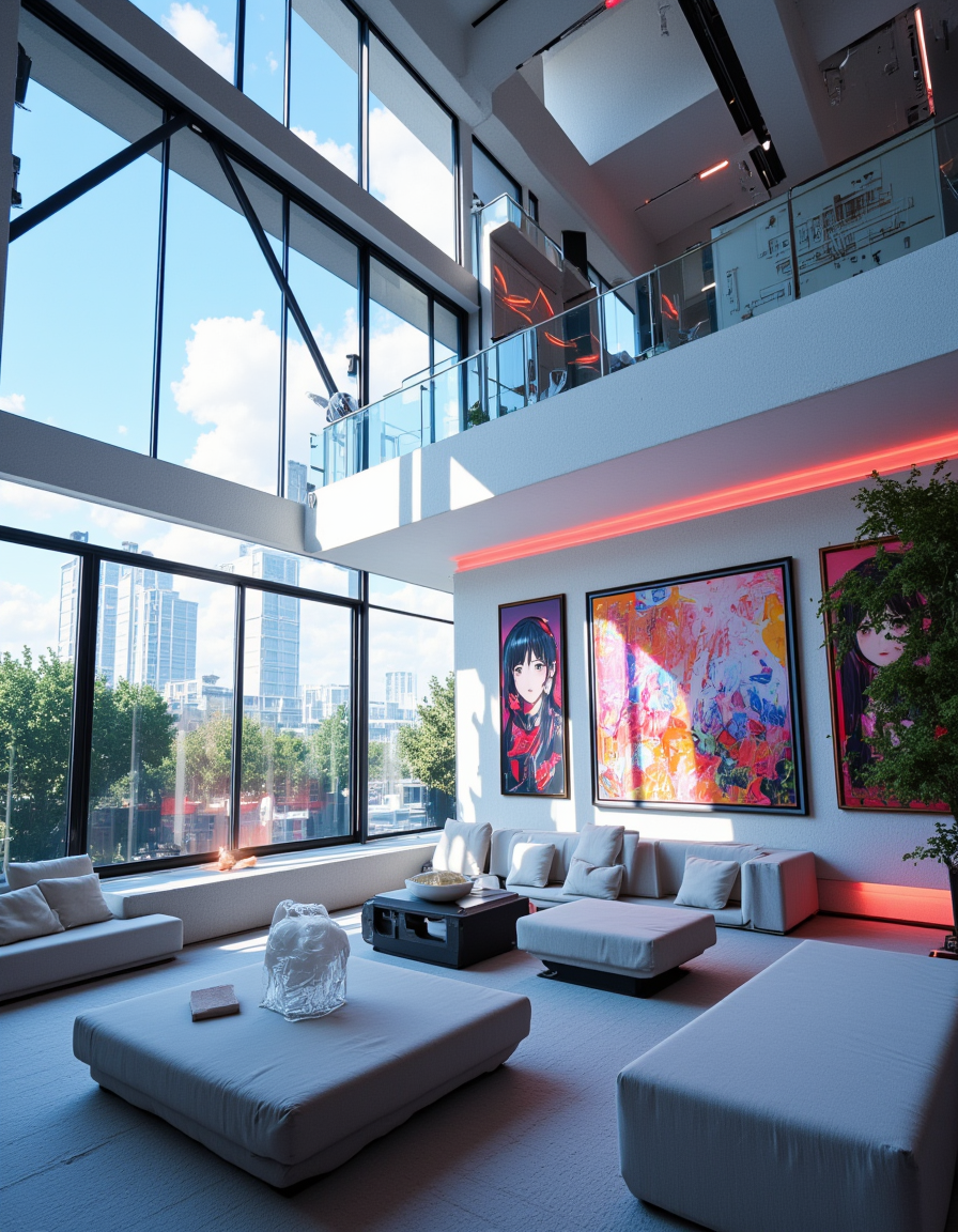 <lora:CWWalls1fluxb:1> wabkg, realistic world, photo. In the vast living room of a geometric futuristic sci-fi design house with minimalistic style, angular shapes, reflective glass surfaces, diagonal beams, industrial aesthetic, there is are colorful paintings of japanese animation women. Portrait. Day with blue sky and white clouds. From low angle. From side. Vegetation. Fabric sofa. Neons.