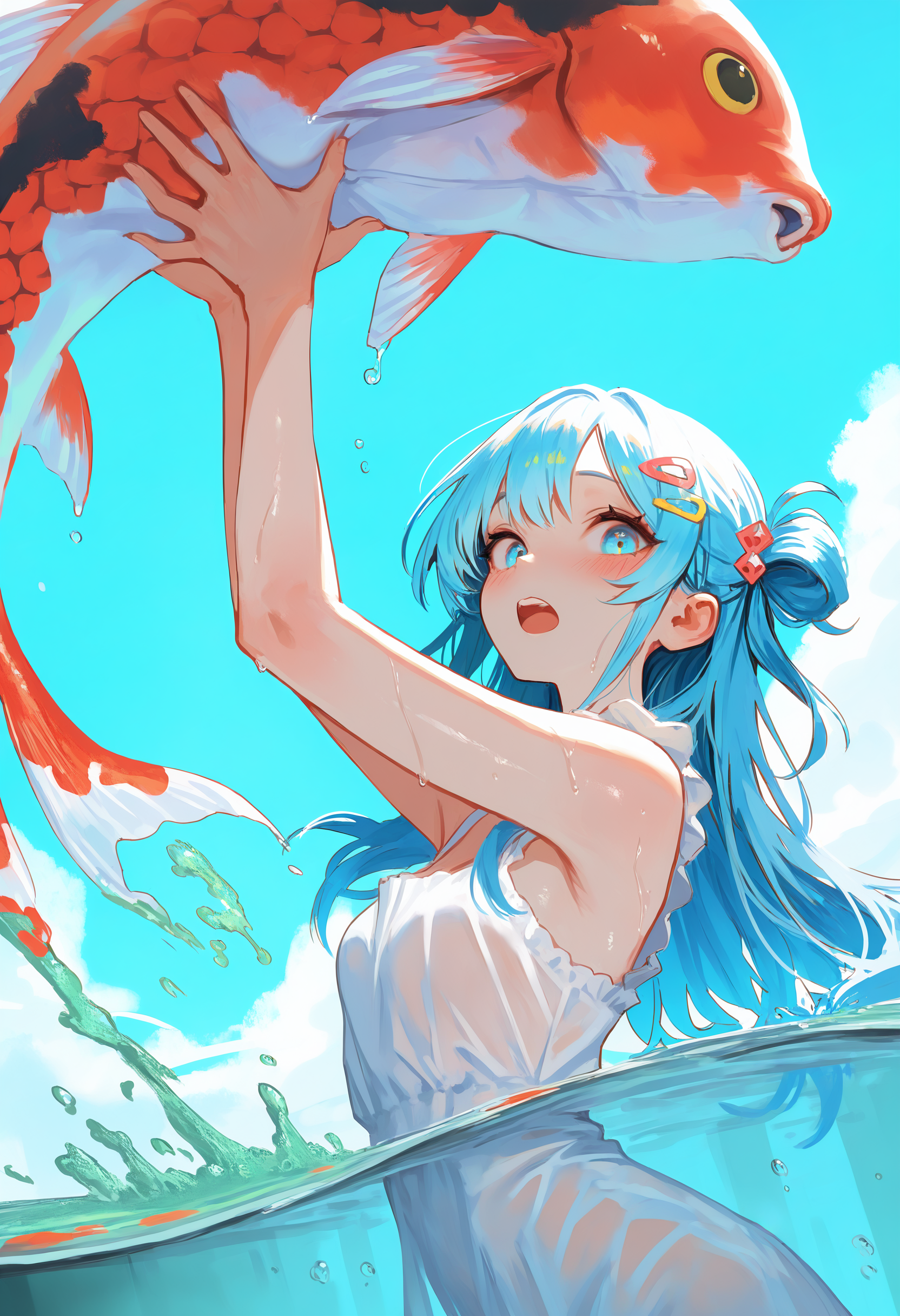 masterpiece, best quality, Good quality, very aesthetic, absurdres, newest,Partially Underwater Shot,dynamic angle, 1girl,blue eyes, blue hair, blue sky, blush, day, red Koi,White nightdress,wet,sleeveless, hair ornament, hairclip,holding,holding a huge Koi, long hair, looking at viewer, open mouth, outdoors, sky, solo, teeth, upper teeth only,green water,dynamic pose, simple background,
The overall scene should have a bright and colorful atmosphere, with the main tone being light blue. Incorporate more blue tones into the background <lora:ponyv4_noob1_2_adamW-000017:0.7> <lora:USNR_STYLE_XL_lokr:0.8> <lora:Lofi_style:0.3>