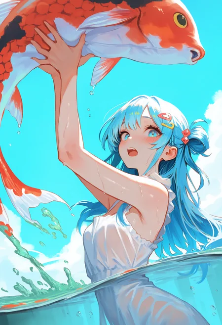 masterpiece, best quality, Good quality, very aesthetic, absurdres, newest,Partially Underwater Shot,dynamic angle, 1girl,blue eyes, blue hair, blue sky, blush, day, red Koi,White nightdress,wet,sleeveless, hair ornament, hairclip,holding,holding a huge Koi, long hair, looking at viewer, open mouth, outdoors, sky, solo, teeth, upper teeth only,green water,dynamic pose, simple background,
The overall scene should have a bright and colorful atmosphere, with the main tone being light blue. Incorporate more blue tones into the background <lora:ponyv4_noob1_2_adamW-000017:0.7> <lora:USNR_STYLE_XL_lokr:0.8> <lora:Lofi_style:0.3>