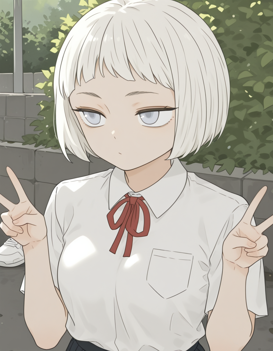 White hair,short hair,short bangs,gray blue eyes,petite body,Pubic hair,medium chest,Short girl,white shirt,Black pleated skirt,white sneakers,1girl,solo,
upper body,sunny outdoors,double v,, masterpiece, best quality,