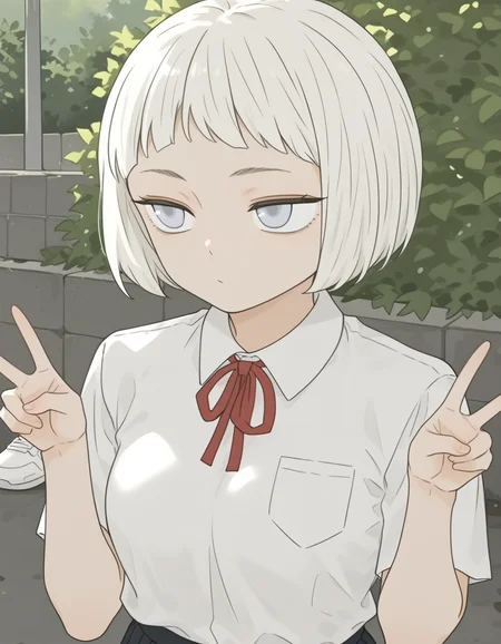 White hair,short hair,short bangs,gray blue eyes,petite body,Pubic hair,medium chest,Short girl,white shirt,Black pleated skirt,white sneakers,1girl,solo,
upper body,sunny outdoors,double v,, masterpiece, best quality,