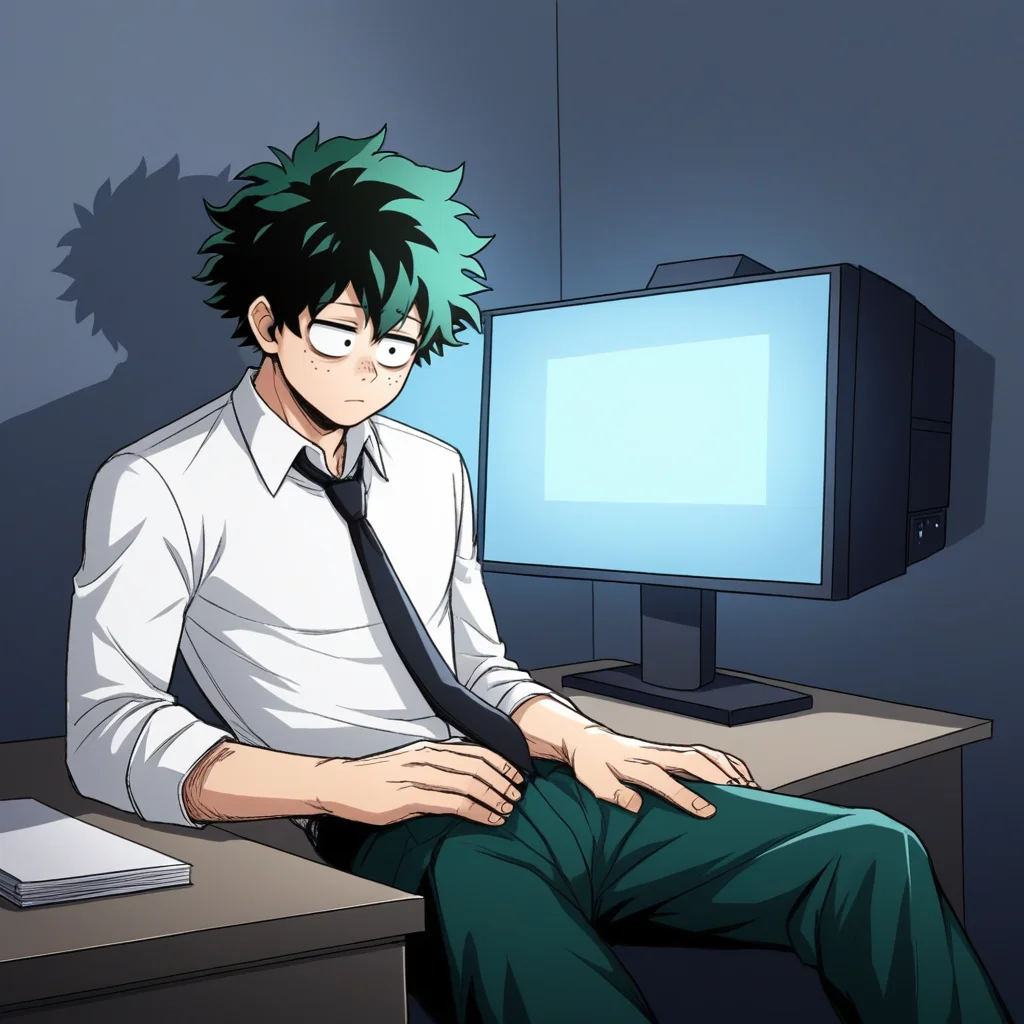 score_9, score_8_up, score_7_up, score_6_up, score_5_up, score_4_up, zPDXL2,source_anime,rating_questionable,solo, 1boy, cowboy shot, white shirt, black tie, at desk, monitor, on back,blank expression, midoriya izuku, deku, tired, eyebags, <lora:Illuminated_By_Screen:0.8> Scr33nLum, sitting, dark,indoors, shadows, harsh lighting, night time,
