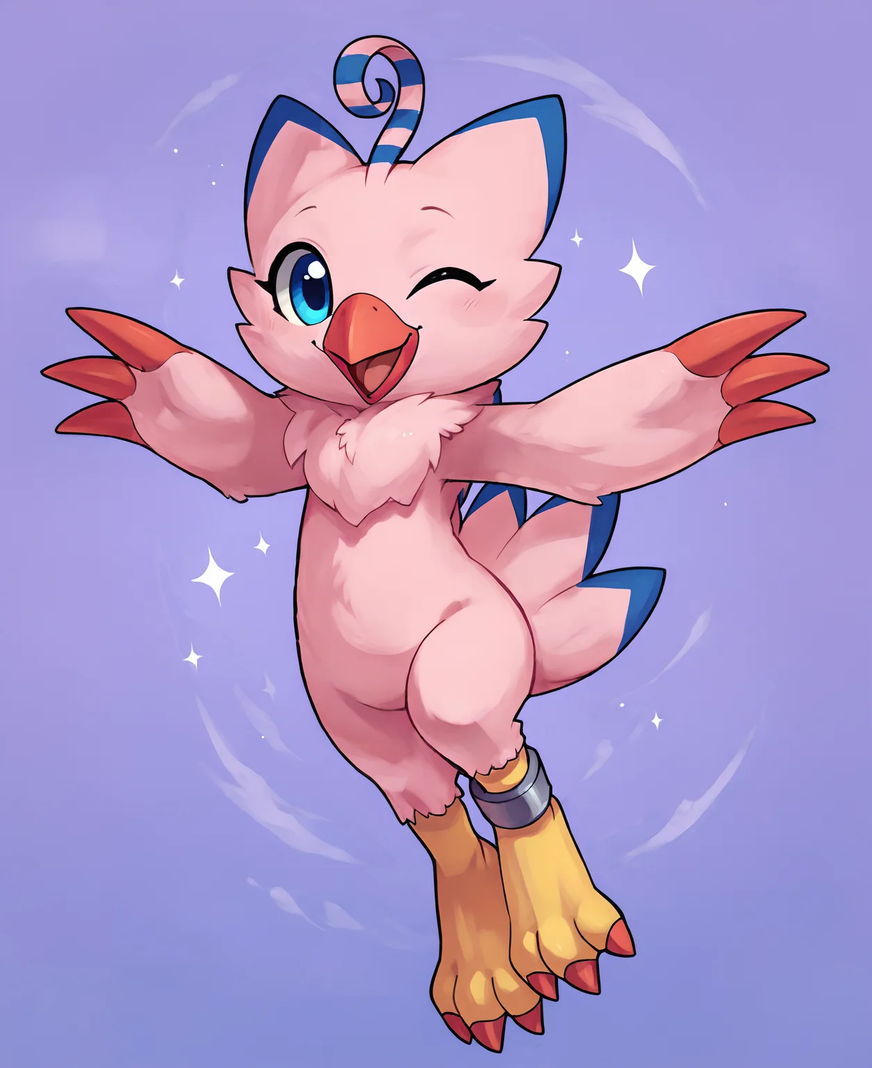 score_9, score_8_up, score_7_up, score_6_up,source_furry,rating_safe,(solo, solo focus, 1girl:1.2),digital artwork, <lora:Biyomon_ponyV6XL-000018:0.9>, (biyomon:1.1), bird, avian, beak, pink feathers, blue eyes, yellow feet, 3_toes, smile, one eye closed, (small, cute, adorable:1.3)