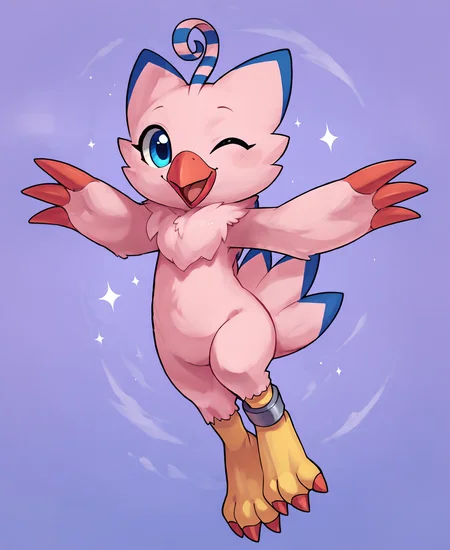 score_9, score_8_up, score_7_up, score_6_up,source_furry,rating_safe,(solo, solo focus, 1girl:1.2),digital artwork, <lora:Biyomon_ponyV6XL-000018:0.9>, (biyomon:1.1), bird, avian, beak, pink feathers, blue eyes, yellow feet, 3_toes, smile, one eye closed, (small, cute, adorable:1.3)