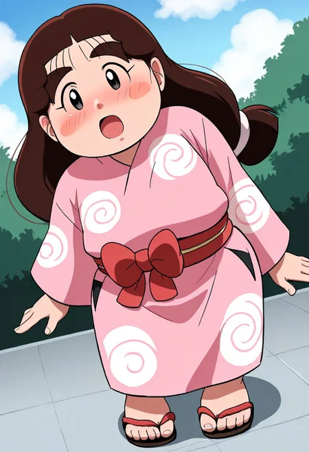 <lora:sdxl_lightning_8step_lora:1> <lora:Fixhands_anime_bdsqlsz_V1:1>score_9, score_8_up, score_7_up, best quality, source_anime, intricate details, high quality, perfect anatomy BREAK
1girl, ookawashige, plump, brown hair, long hair, thick eyebrows, black eyes, blush stickers, pink kimono, sandals,
from behind, on back, Confused, Wide-open eyes, a slightly furrowed brow, and a slightly open mouth., outdoors, 
<lora:ookawashige_XL(pony)fix:0.9>