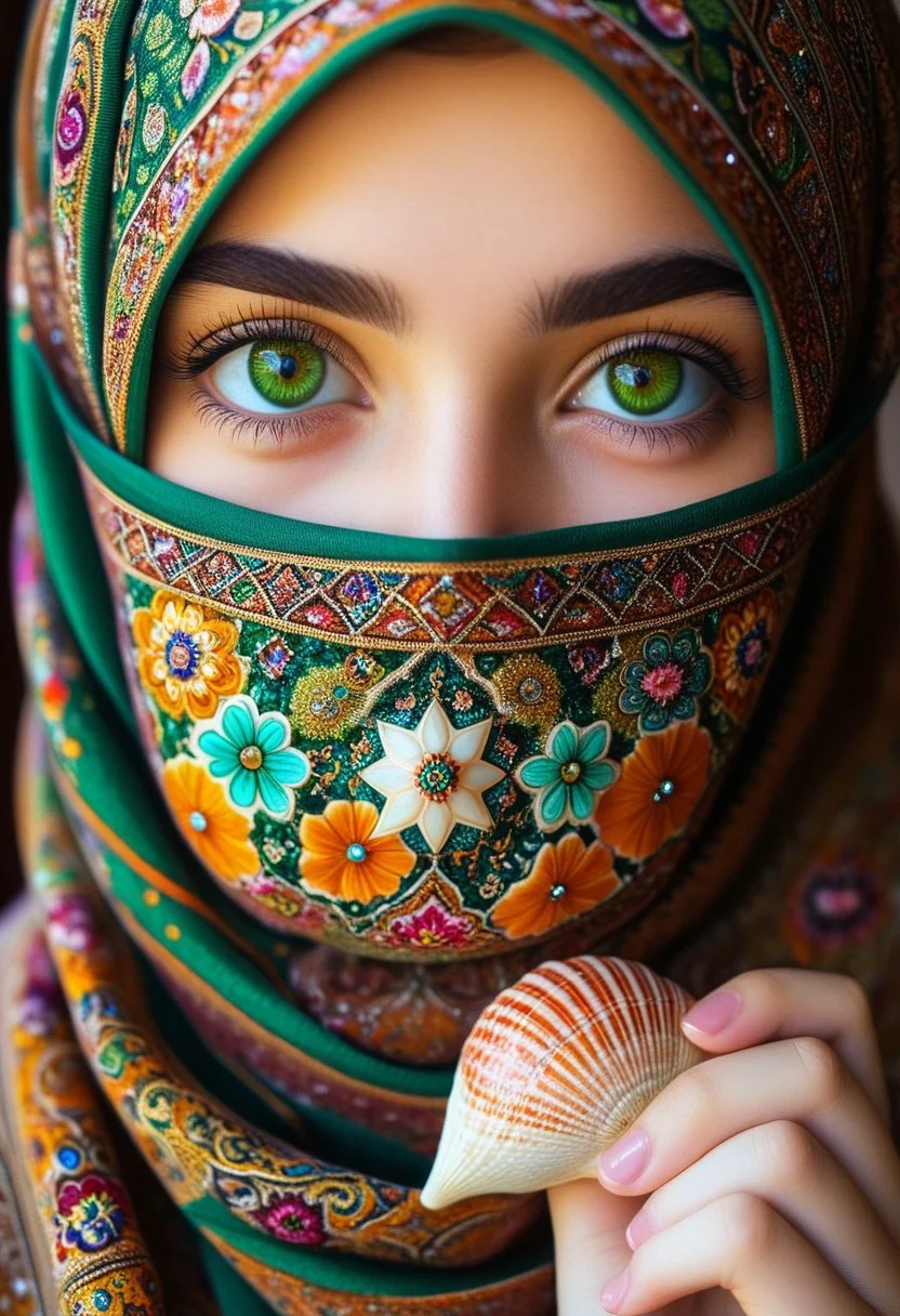 A close up of a cute girl with a shell, mossy, flowers, colorful, sparkling, green eyes
Persian patterns, hijab, Persian patterns on everywhere