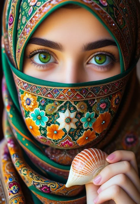 A close up of a cute girl with a shell, mossy, flowers, colorful, sparkling, green eyes
Persian patterns, hijab, Persian patterns on everywhere